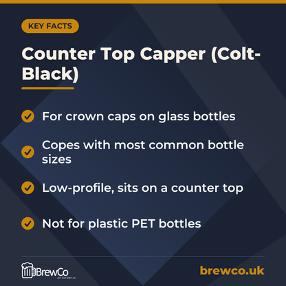 Counter Top Capper (Colt- Black) key facts: for crown caps on glass bottles, copes with most common bottle sizes, low-profile, sits on a counter top