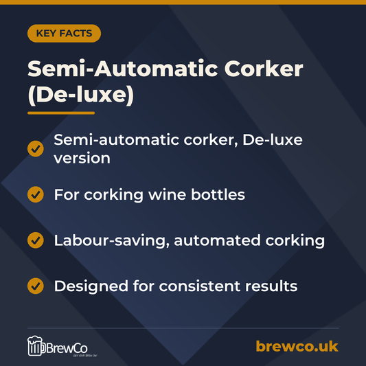 Semi-Automatic Corker (De-luxe) key facts: semi-automatic corker, De-luxe version, for corking wine bottles, labour-saving, automated corking