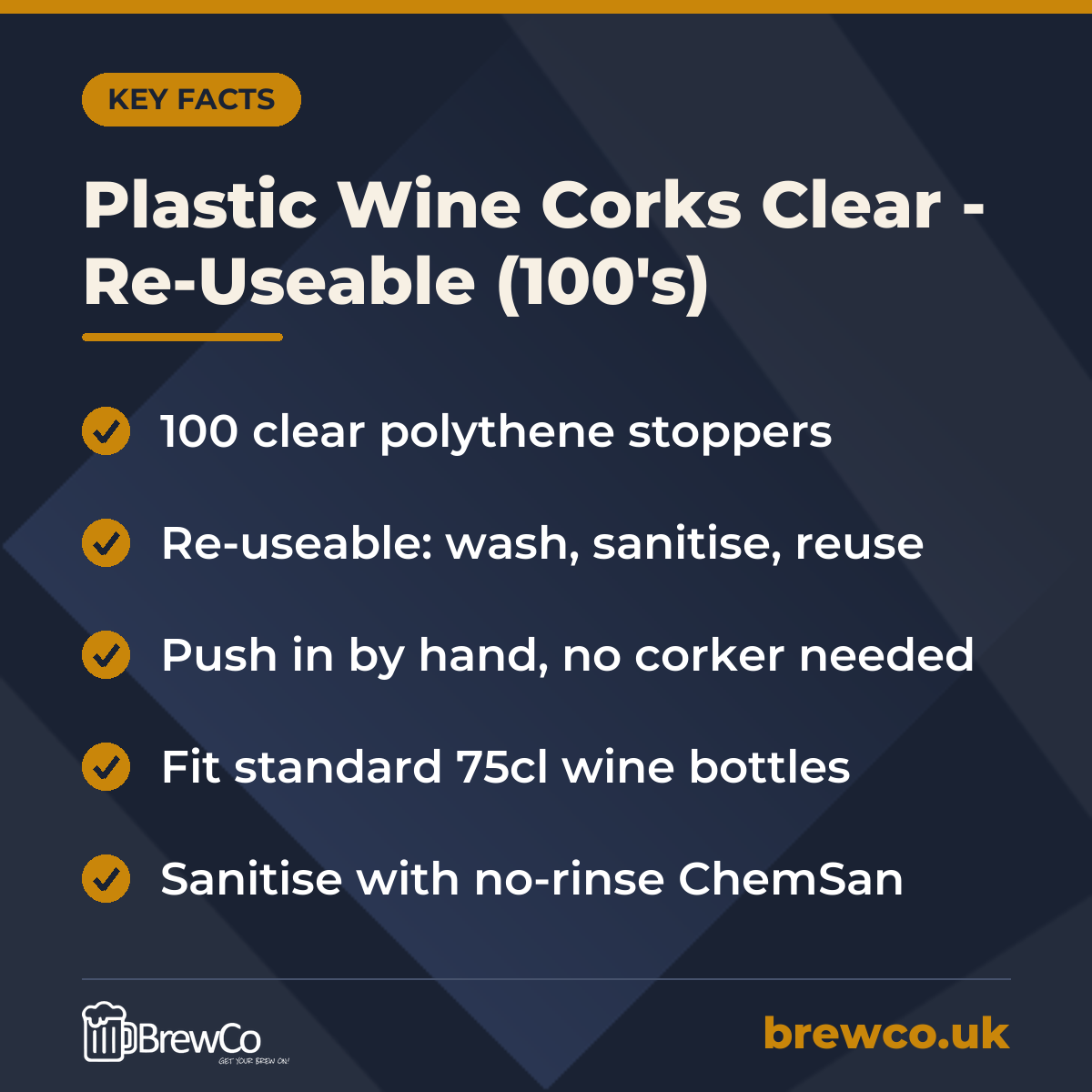 Plastic Wine Corks Clear - Re-Useable (100's) key facts: 100 clear polythene stoppers, re-useable: wash, sanitise, reuse, push in by hand, no corker needed