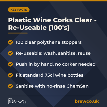 Plastic Wine Corks Clear - Re-Useable (100's) key facts: 100 clear polythene stoppers, re-useable: wash, sanitise, reuse, push in by hand, no corker needed