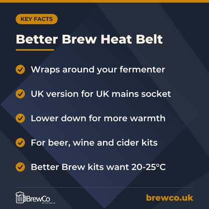 Better Brew Heat Belt key facts: wraps around your fermenter, UK version for UK mains socket, lower down for more warmth