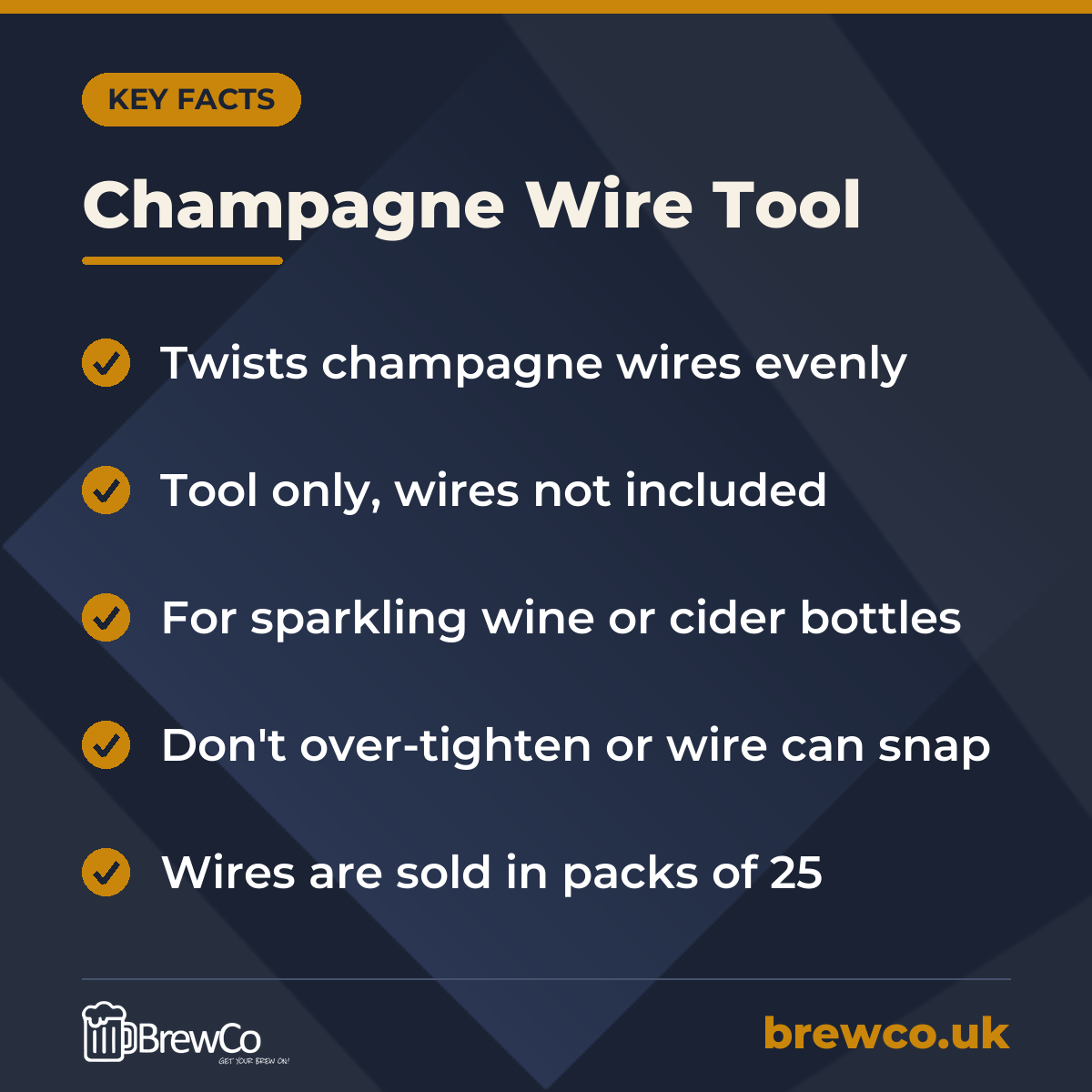 Champagne Wire Tool key facts: twists champagne wires evenly, tool only, wires not included, for sparkling wine or cider bottles