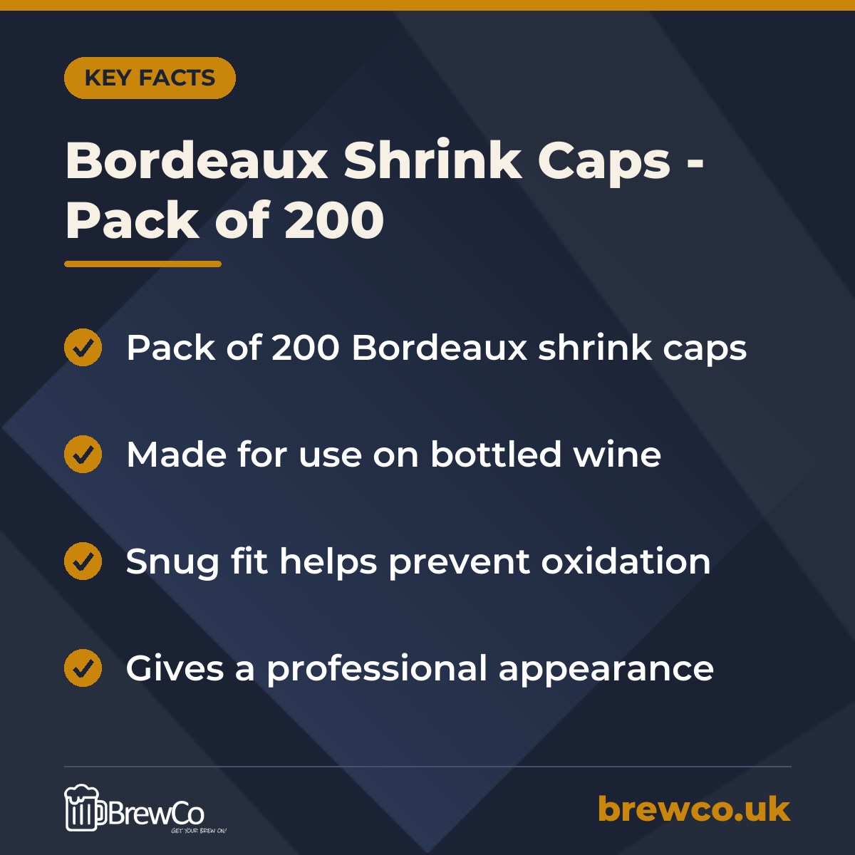 Bordeaux Shrink Caps - Pack of 200 key facts: pack of 200 Bordeaux shrink caps, made for use on bottled wine, snug fit helps prevent oxidation