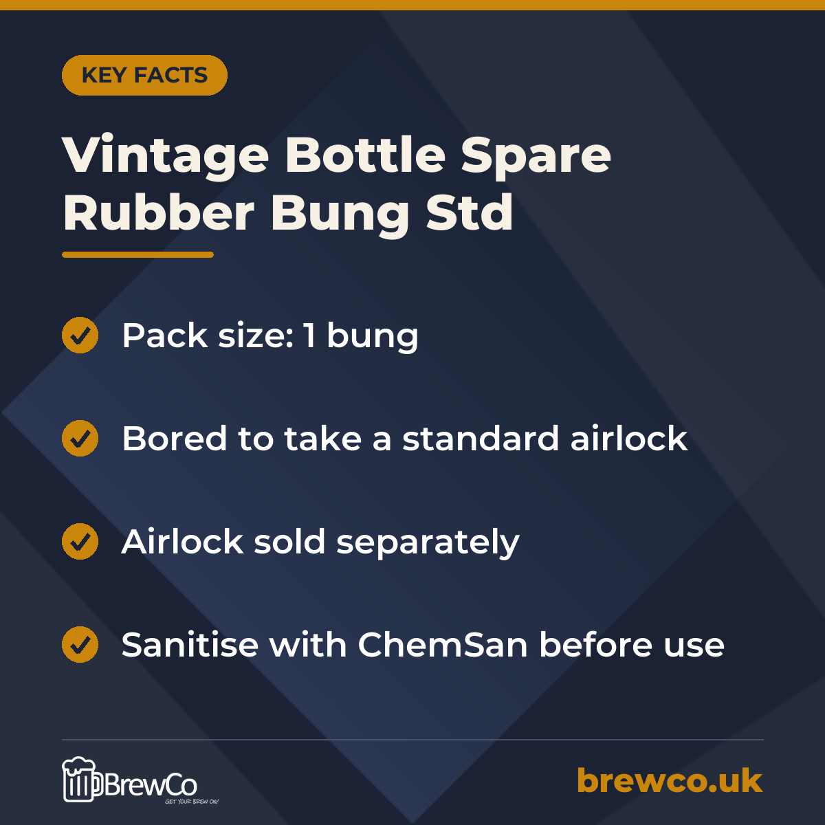Vintage Bottle Spare Rubber Bung Std key facts: pack size: 1 bung, bored to take a standard airlock, airlock sold separately