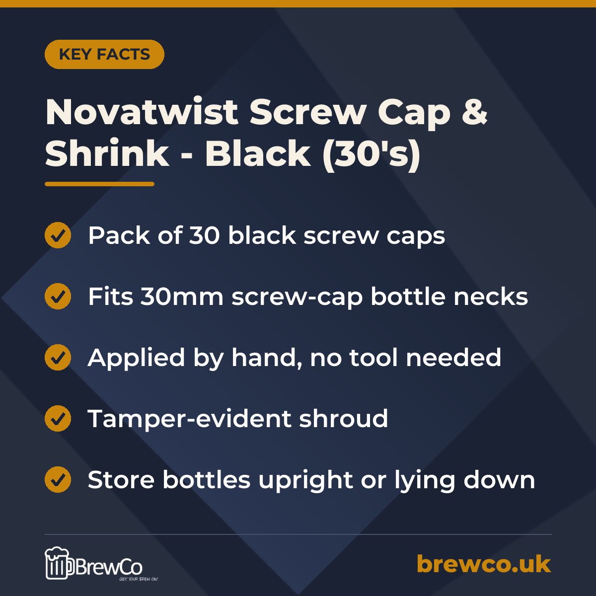 Novatwist Screw Cap & Shrink - Black (30's) key facts: pack of 30 black screw caps, fits 30mm screw-cap bottle necks, applied by hand, no tool needed