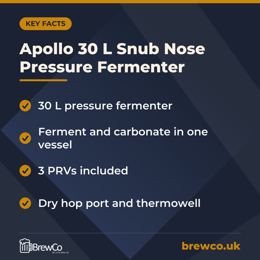Apollo 30 L Snub Nose Pressure Fermenter key facts: 30 L pressure fermenter, ferment and carbonate in one vessel, 3 PRVs included