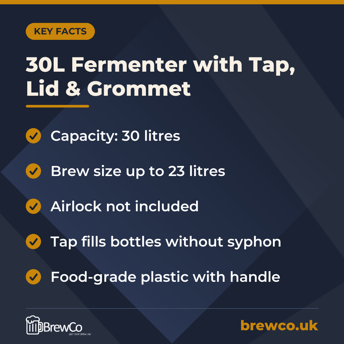 30L Fermenter with Tap, Lid & Grommet – key facts