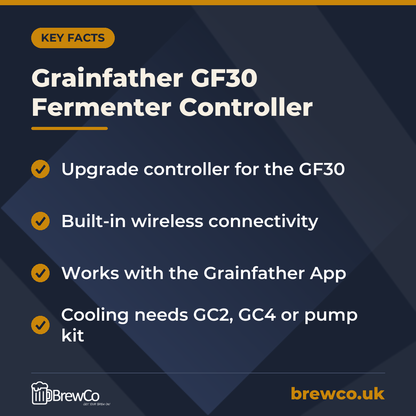Grainfather GF30 Fermenter Controller key facts: upgrade controller for the GF30, built-in wireless connectivity, works with the Grainfather App