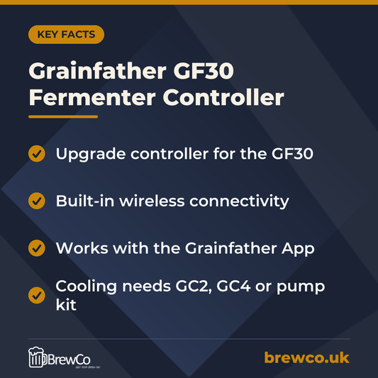 Grainfather GF30 Fermenter Controller key facts: upgrade controller for the GF30, built-in wireless connectivity, works with the Grainfather App