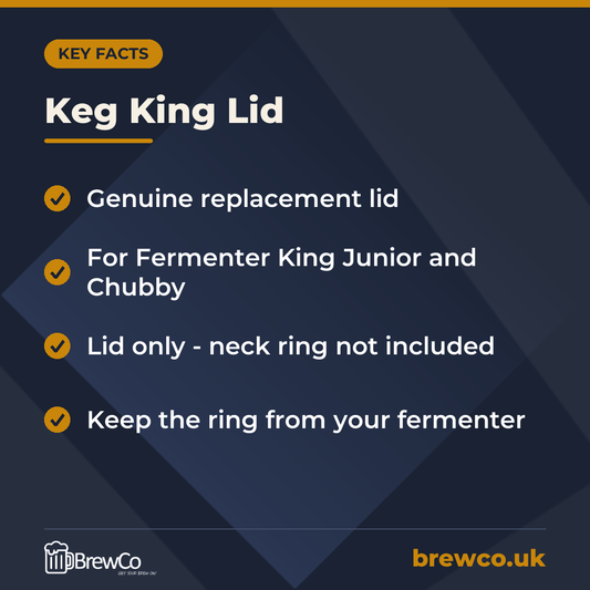 Keg King Lid key facts: genuine replacement lid for Fermenter King Junior and Chubby, lid only, neck ring not included