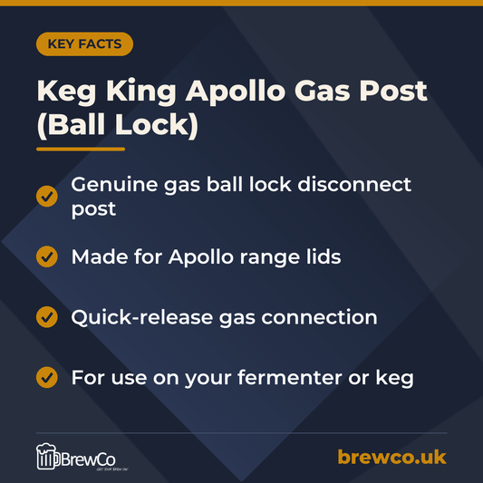 Keg King Apollo Gas Post (Ball Lock) key facts: genuine gas ball lock disconnect post, made for Apollo range lids, quick-release gas connection