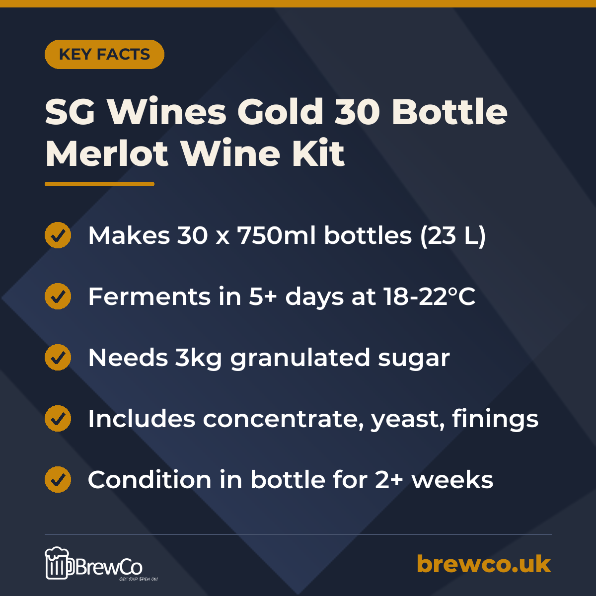 SG Wines Gold 30 Bottle Merlot Wine Kit – key facts