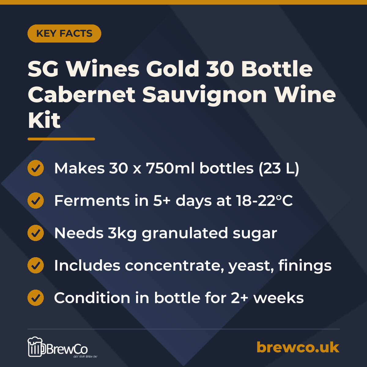 SG Wines Gold 30 Bottle Cabernet Sauvignon Wine Kit – key facts