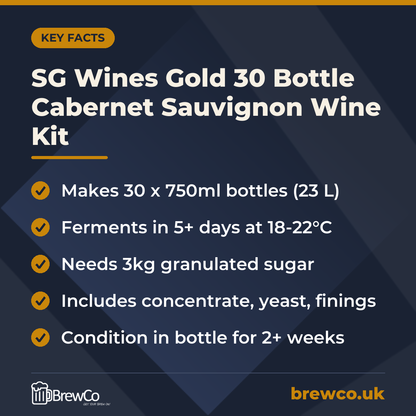 SG Wines Gold 30 Bottle Cabernet Sauvignon Wine Kit – key facts