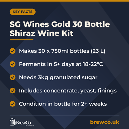 SG Wines Gold 30 Bottle Shiraz Wine Kit – key facts