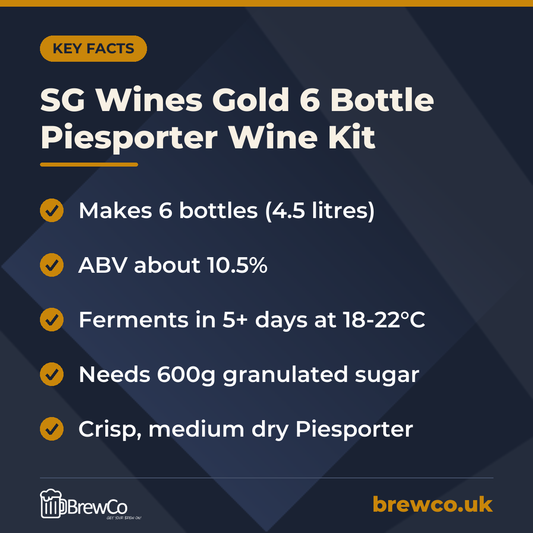 SG Wines Gold 6 Bottle Piesporter Wine Kit key facts: makes 6 bottles (4.5 litres), ABV about 10.5%, ferments in 5+ days at 18-22°C