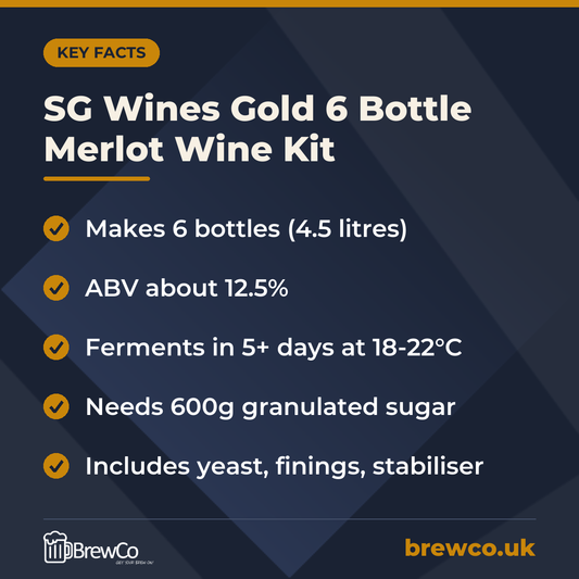 SG Wines Gold 6 Bottle Merlot Wine Kit key facts: makes 6 bottles (4.5 litres), ABV about 12.5%, ferments in 5+ days at 18-22°C