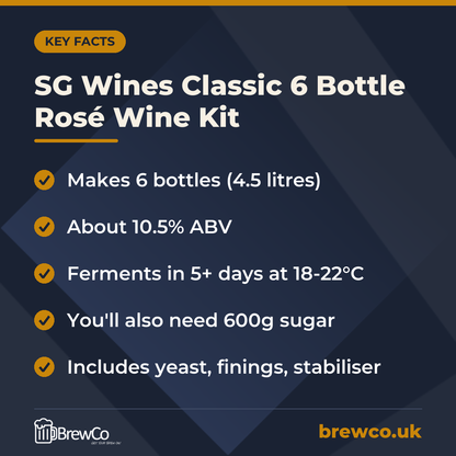 SG Wines Classic 6 Bottle Rosé Wine Kit key facts: makes 6 bottles (4.5 litres), about 10.5% ABV, ferments in 5+ days at 18-22°C