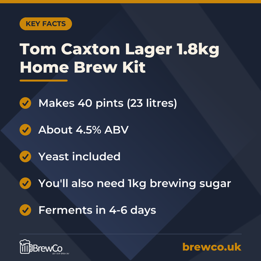 Tom Caxton Lager 1.8kg Home Brew Kit key facts: makes 40 pints (23 litres), about 4.5% ABV, yeast included