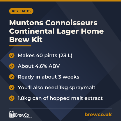 Muntons Connoisseurs Continental Lager Home Brew Kit key facts: makes 40 pints (23 L), about 4.6% ABV, ready in about 3 weeks