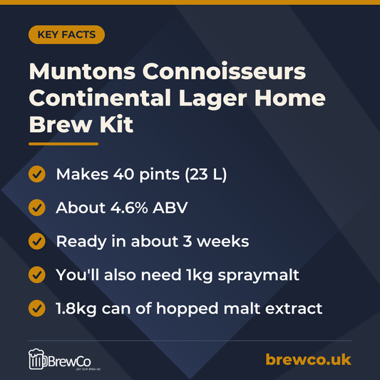 Muntons Connoisseurs Continental Lager Home Brew Kit key facts: makes 40 pints (23 L), about 4.6% ABV, ready in about 3 weeks