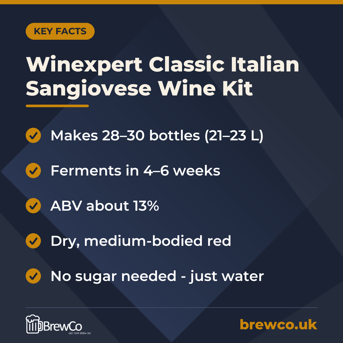 Winexpert Classic Italian Sangiovese Wine Kit key facts: makes 28–30 bottles (21–23 L), ferments in 4–6 weeks, ABV about 13%