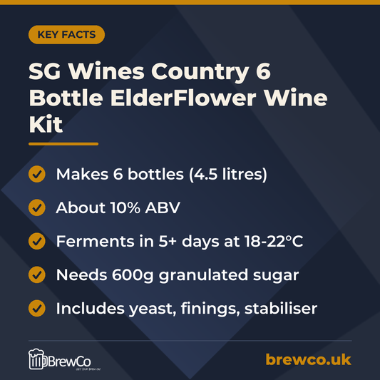 SG Wines Country 6 Bottle ElderFlower Wine Kit key facts: makes 6 bottles (4.5 litres), about 10% ABV, ferments in 5+ days at 18-22°C