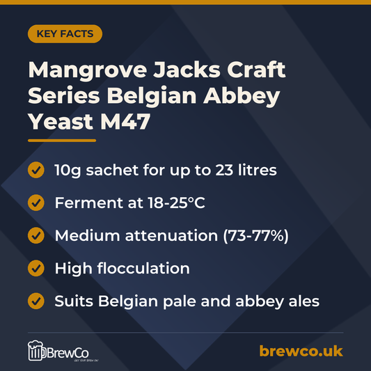 Mangrove Jacks Craft Series Belgian Abbey Yeast M47 key facts: 10g sachet for up to 23 litres, ferment at 18-25°C, medium attenuation (73-77%)