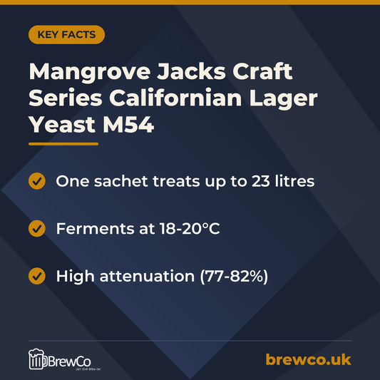 Mangrove Jacks Craft Series Californian Lager Yeast M54 key facts: one sachet treats up to 23 litres, ferments at 18-20°C, high attenuation (77-82%)