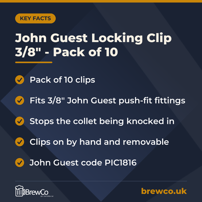 John Guest Locking Clip 3/8" - Pack of 10 key facts: pack of 10 clips, fits 3/8" John Guest push-fit fittings, stops the collet being knocked in