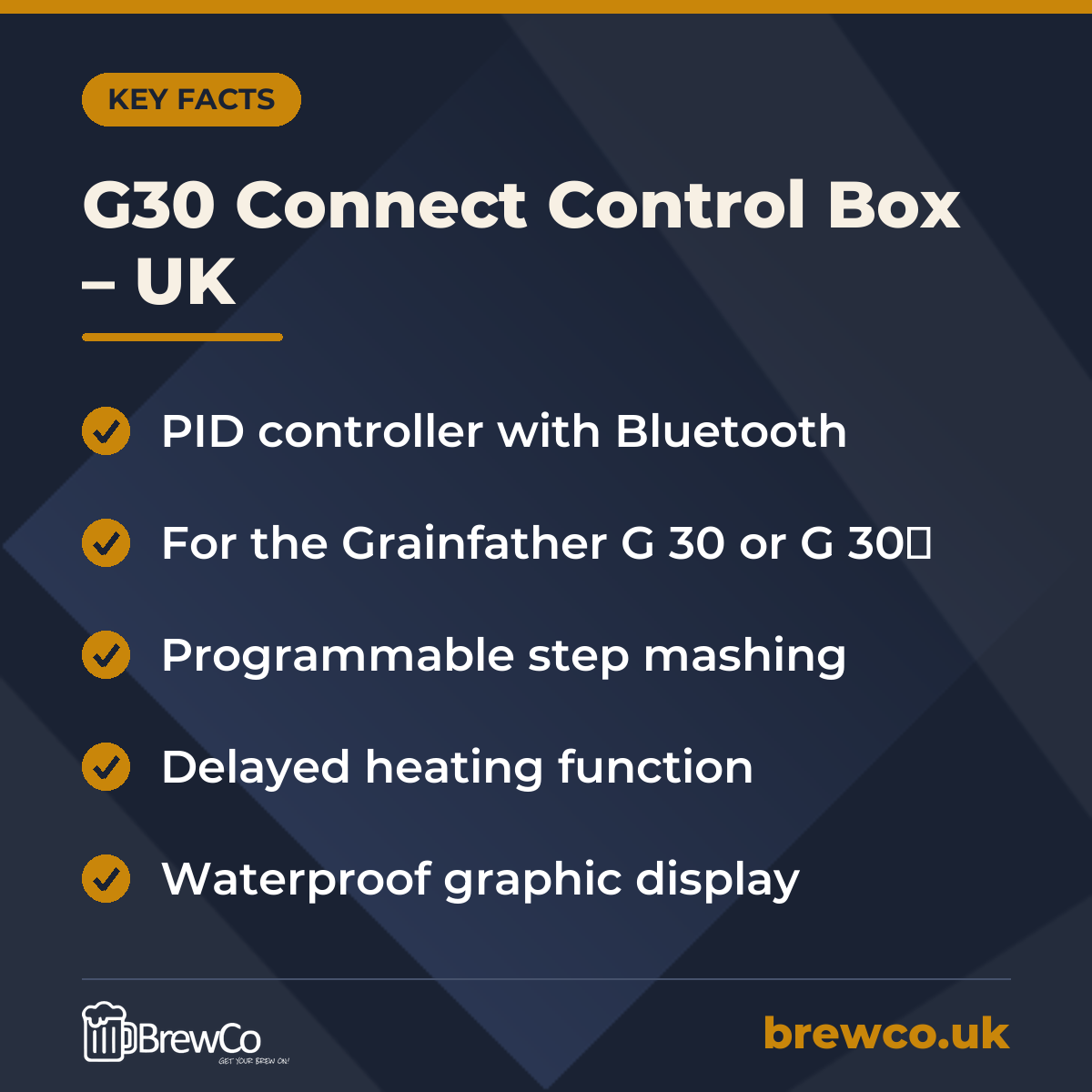 G30 Connect Control Box – UK key facts: PID controller with Bluetooth, for the Grainfather G 30 or G 30ᵌ, programmable step mashing