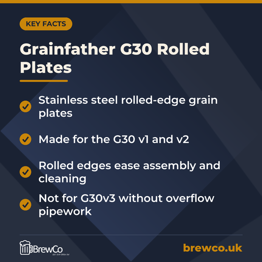 Grainfather G30 Rolled Plates key facts: stainless steel rolled-edge grain plates, made for the G30 v1 and v2, rolled edges ease assembly and cleaning