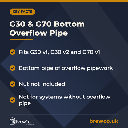 G30 & G70 Bottom Overflow Pipe key facts: fits G30 v1, G30 v2 and G70 v1, bottom pipe of overflow pipework, nut not included