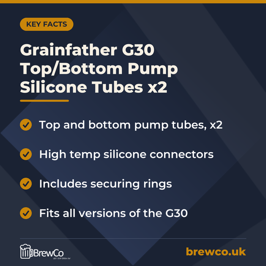 Grainfather G30 Top/Bottom Pump Silicone Tubes x2 key facts: top and bottom pump tubes, x2, high temp silicone connectors, includes securing rings