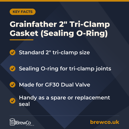 Grainfather 2" Tri-Clamp Gasket (Sealing O-Ring) key facts: standard 2" tri-clamp size, sealing O-ring for tri-clamp joints, made for GF30 Dual Valve