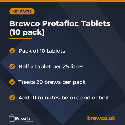 Brewco Protafloc Tablets (10 pack) key facts: pack of 10 tablets, half a tablet per 25 litres, treats 20 brews per pack