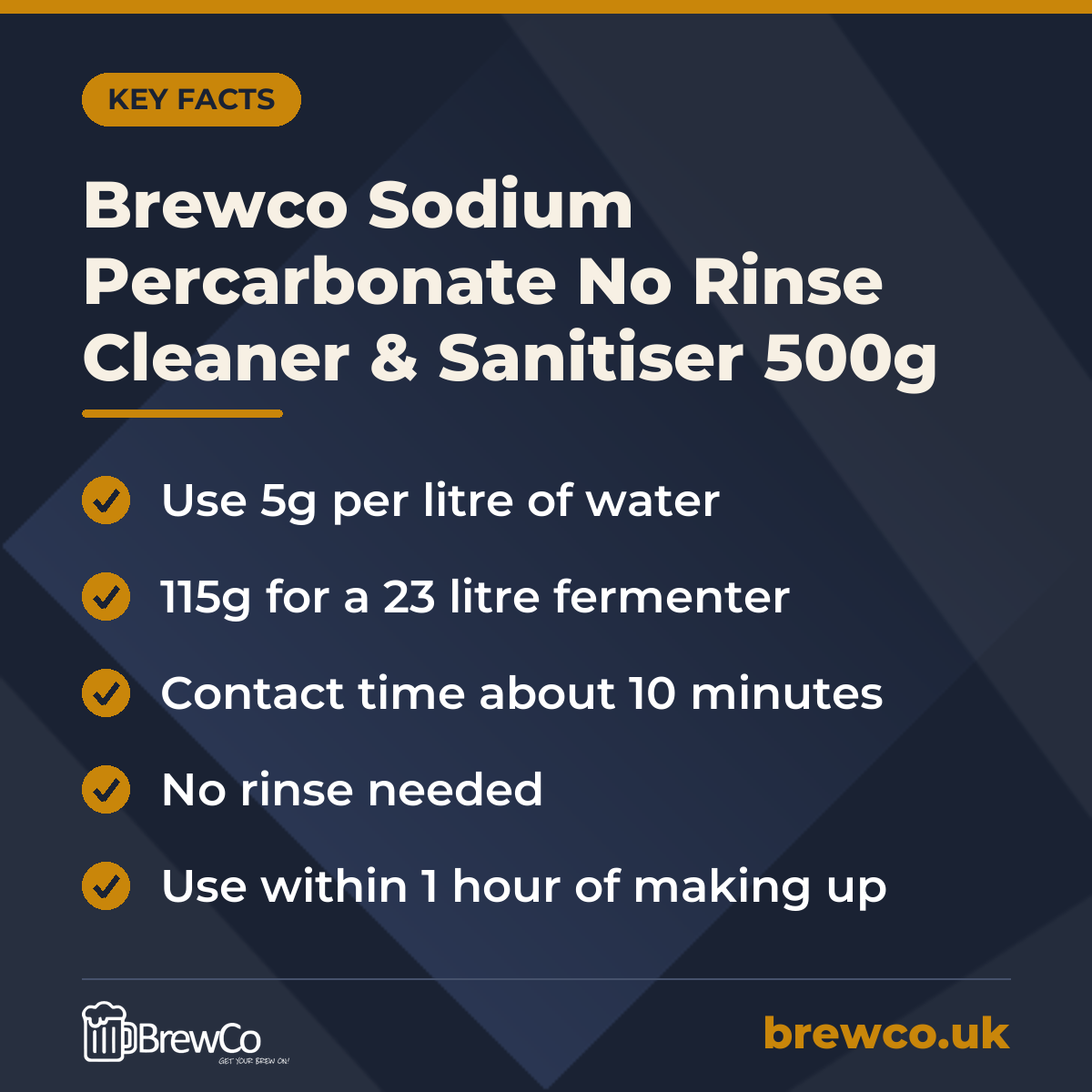 Brewco Sodium Percarbonate No Rinse Cleaner & Sanitiser 500g – key facts