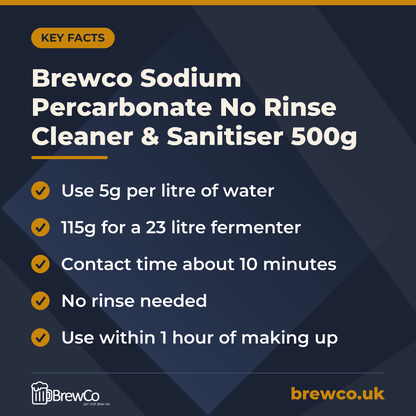 Brewco Sodium Percarbonate No Rinse Cleaner & Sanitiser 500g – key facts