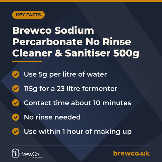 Brewco Sodium Percarbonate No Rinse Cleaner & Sanitiser 500g – key facts