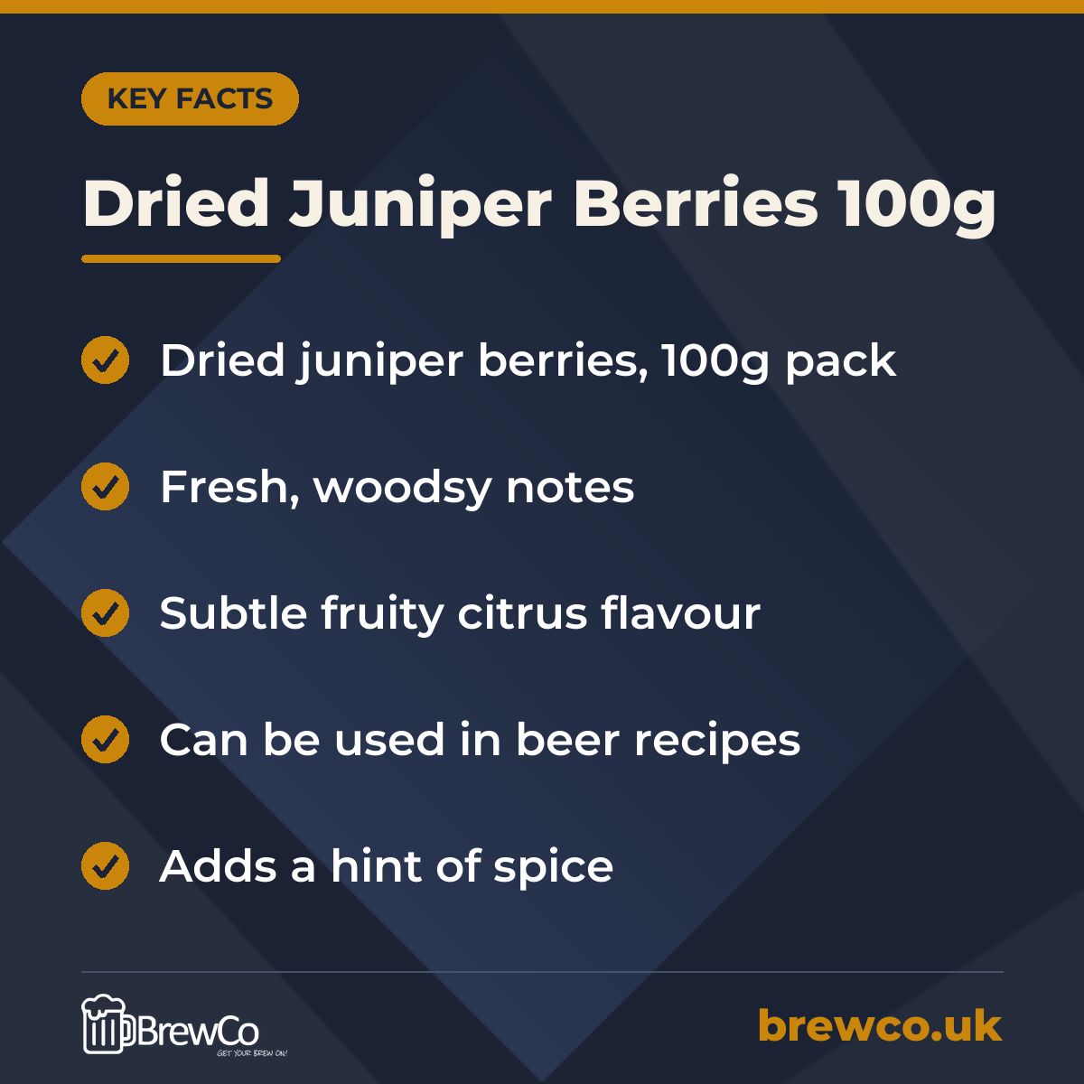 Dried Juniper Berries 100g key facts: dried juniper berries, 100g pack, fresh, woodsy notes, subtle fruity citrus flavour