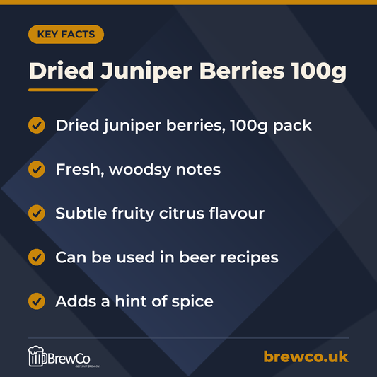 Dried Juniper Berries 100g key facts: dried juniper berries, 100g pack, fresh, woodsy notes, subtle fruity citrus flavour