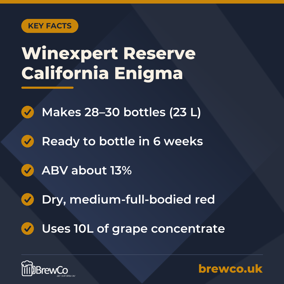Winexpert Reserve California Enigma key facts: makes 28–30 bottles (23 L), ready to bottle in 6 weeks, ABV about 13%