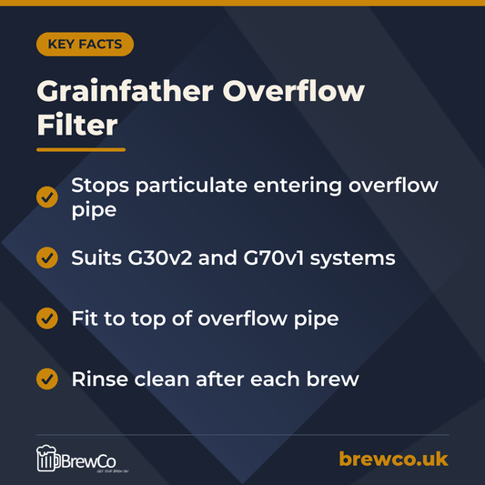 Grainfather Overflow Filter key facts: stops particulate entering overflow pipe, suits G30v2 and G70v1 systems, fit to top of overflow pipe