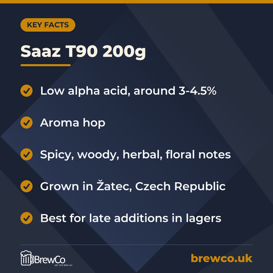 Saaz T90 200g key facts: low alpha acid, around 3-4.5%, aroma hop, spicy, woody, herbal, floral notes