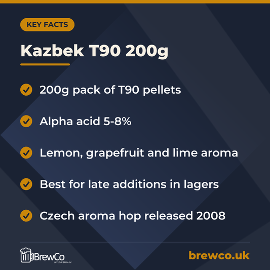 Kazbek T90 200g key facts: 200g pack of T90 pellets, alpha acid 5-8%, lemon, grapefruit and lime aroma