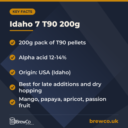 Idaho 7 T90 200g key facts: 200g pack of T90 pellets, alpha acid 12-14%, origin: USA (Idaho)