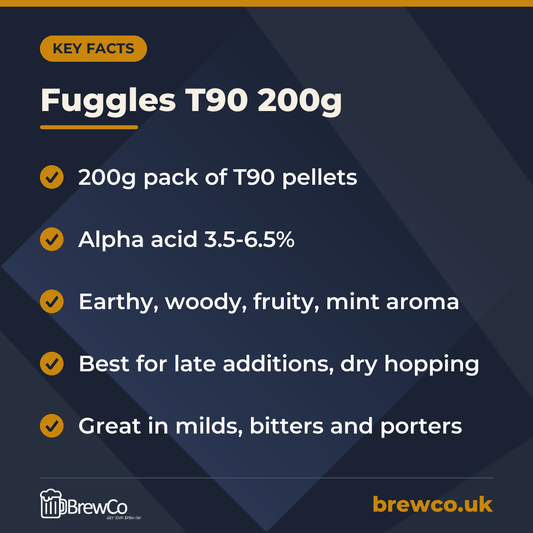 Fuggles T90 200g key facts: 200g pack of T90 pellets, alpha acid 3.5-6.5%, earthy, woody, fruity, mint aroma