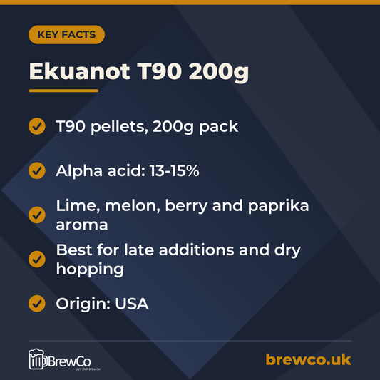 Ekuanot T90 200g key facts: t90 pellets, 200g pack, alpha acid: 13-15%, lime, melon, berry and paprika aroma