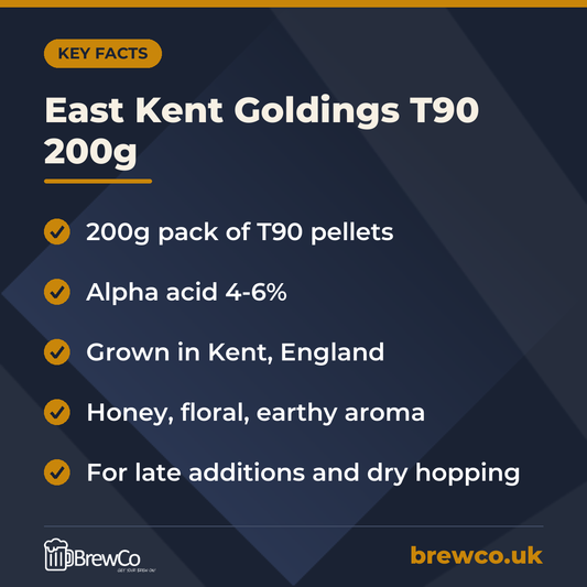 East Kent Goldings T90 200g key facts: 200g pack of T90 pellets, alpha acid 4-6%, grown in Kent, England
