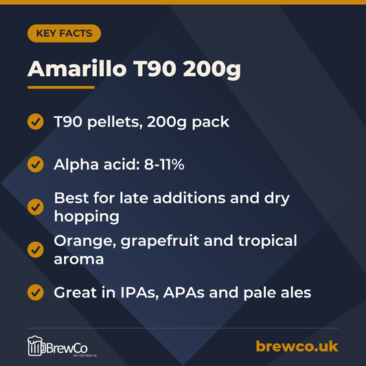 Amarillo T90 200g key facts: t90 pellets, 200g pack, alpha acid: 8-11%, best for late additions and dry hopping